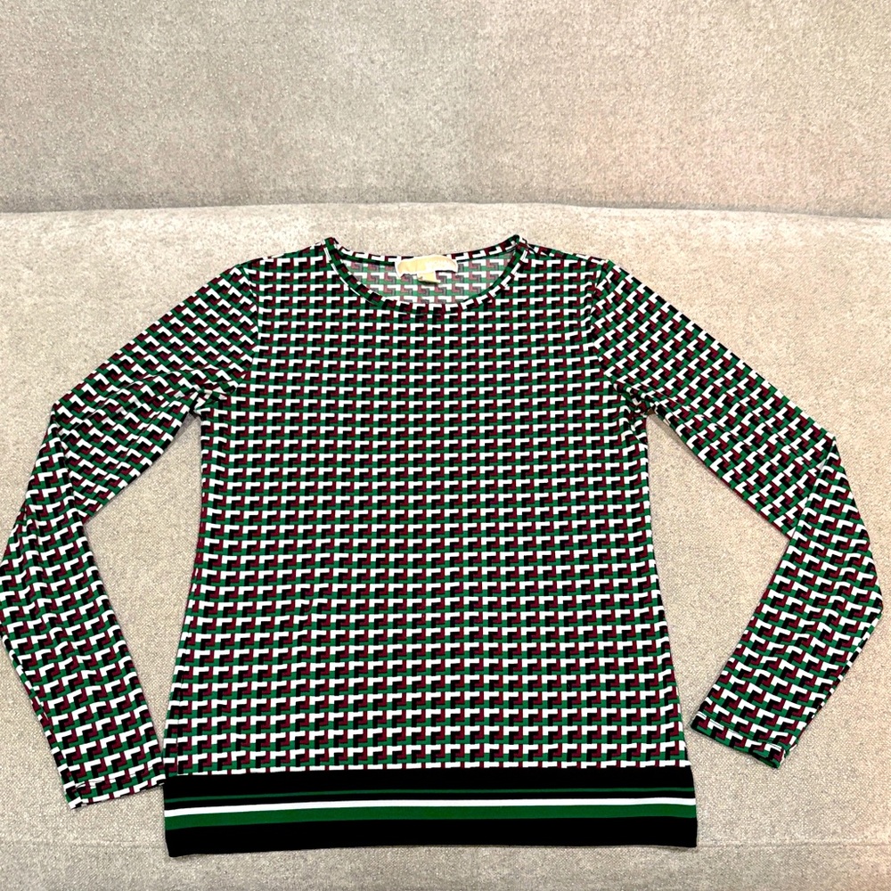 Michaels Kors XS Geometric Patterned Top - Green, Black, Redish